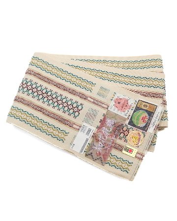 日高昌江「知花花織 / 木綿」半幅帯 生成色に碧色と桑の実色 手織 伝統的工芸品の画像
