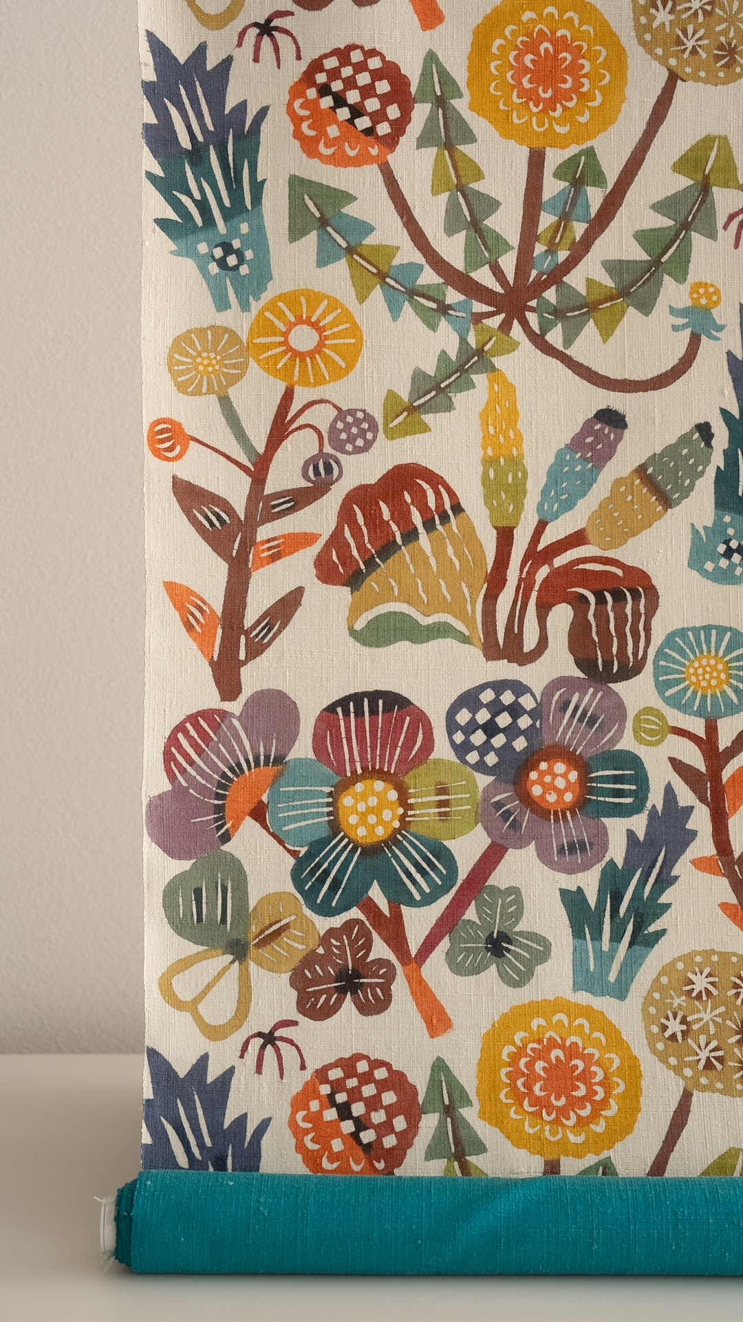 関美穂子 「道ばたの花」 九寸名古屋帯 染め帯 型染め 青緑色