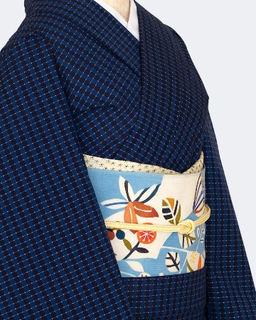 佐藤百恵 「そよ風」 九寸名古屋帯 染め帯 型染め 薄藍にだいだい色