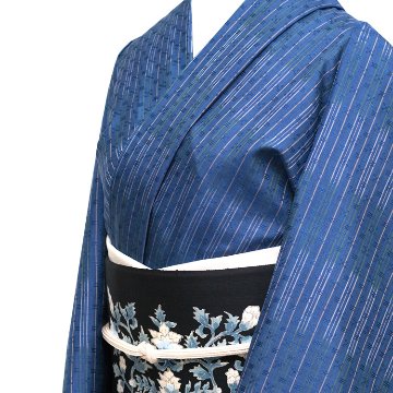 ＜お仕立て代込＞秋山眞和 「花織のしめ縞着尺 海の幸」第55回日本伝統工芸染織展(令和3年)出展作品 着尺 藍画像