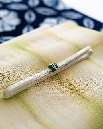 ＜お仕立て代込＞桐生織 桐生絞 九寸名古屋帯 刈安色と鶸色 夏帯 泉織物の画像