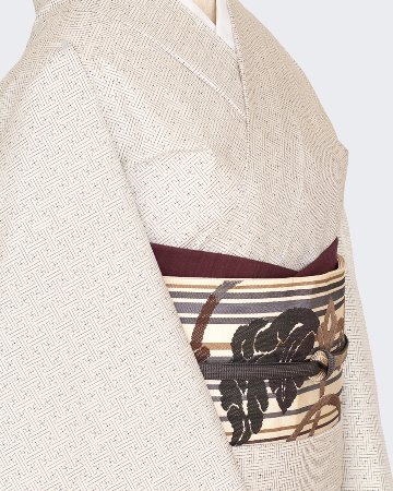 ＜お仕立て代込＞洛風林 「葡萄唐草」 袋帯 生成色に縞 茶濃淡の画像