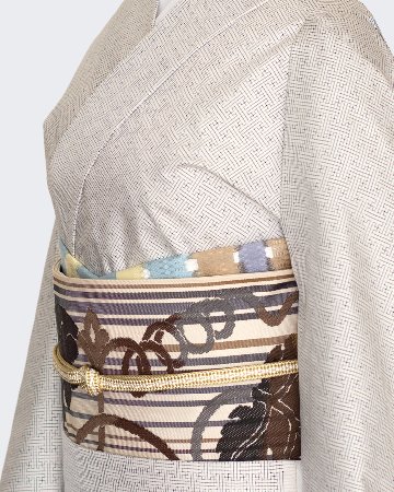 ＜お仕立て代込＞洛風林 「葡萄唐草」 袋帯 生成色に縞 茶濃淡の画像