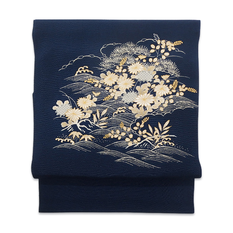 松皮菱に花唐草 型染め 全通 八寸名古屋帯 綿紬 1円 ■516 中古 袋帯 リサイクル 正絹 京都 西陣 黒グレー 白 縞