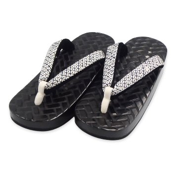 千成堂着物店 「網代彫り×舟形下駄 黒（カシュー漆）」×絞り染め裂の鼻緒 Lサイズ 舟形の画像