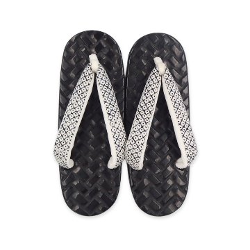 千成堂着物店 「網代彫り×舟形下駄 黒（カシュー漆）」×絞り染め裂の鼻緒 Mサイズ 舟形の画像