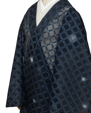 <お仕立て代込> 「オーガンジー刺繍コート×タッサーシルク」 羽尺 紺鼠に蛍ぼかし の画像