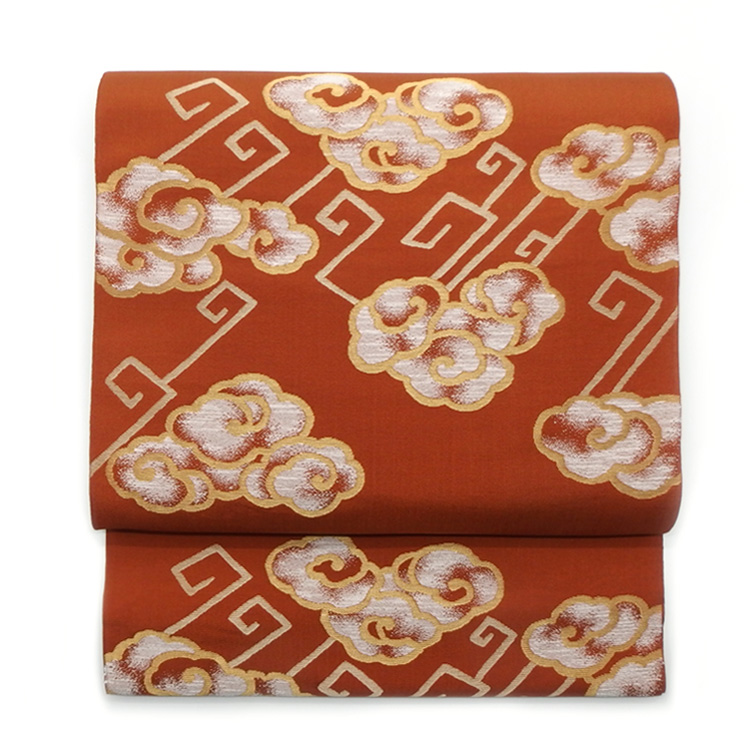 セット　単衣紬　暈し縞＋九寸名古屋　照柿 中古品)仕立て上がり 九寸名古屋帯 「暈し 空に幾何学 鳥」 本加賀友禅