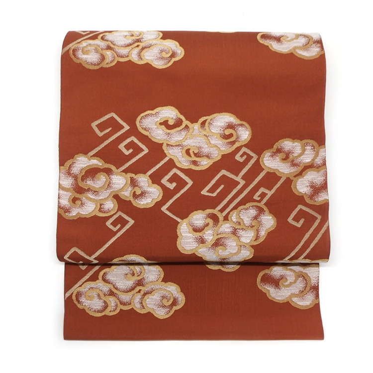 ＜お仕立て代込＞洛風林 「雷文」 九寸名古屋帯 紬糸 柿渋色の画像