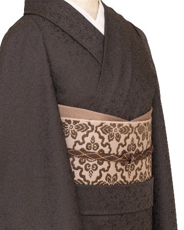 ＜お仕立て代込＞京都丹後の機屋×千成堂着物店 「葡萄唐草 伊予生糸 一尺三分着尺」 鳶茶色（茶がかった紫系・色無地）の画像