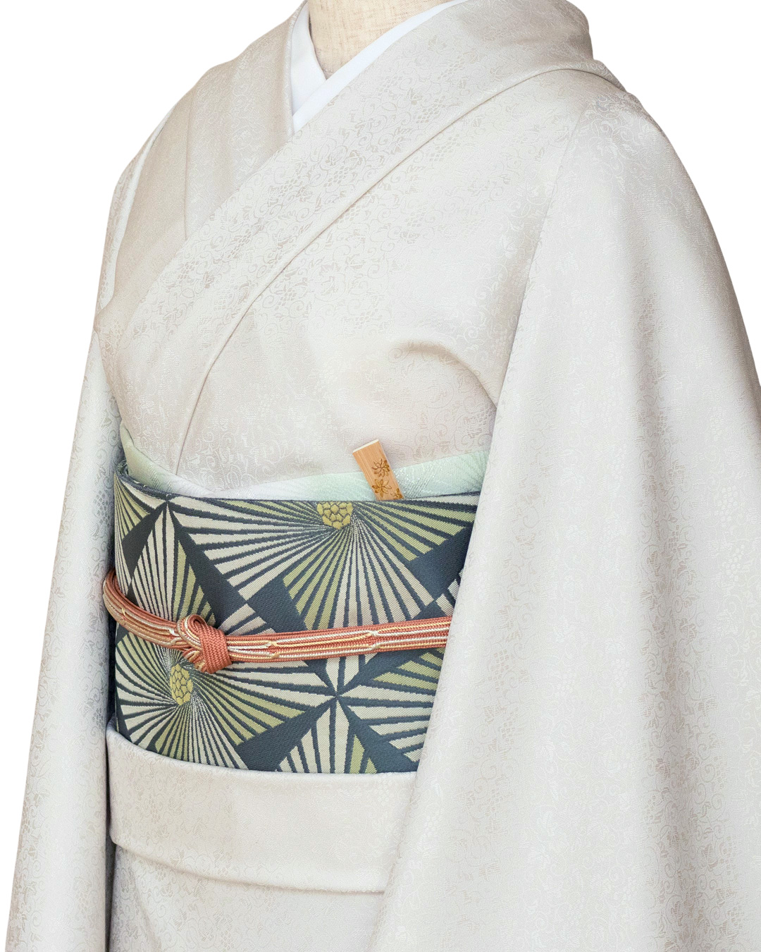 ＜お仕立て代込＞北村武資（織匠北むら） 「花傘文」  煌彩錦 袋帯 鶸茶色（緑みのグレー系）の画像