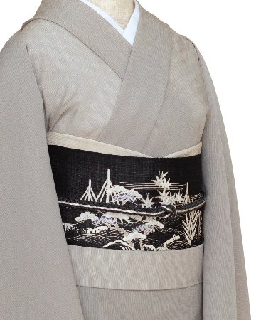 ＜お仕立て代込＞根啓織物 「筬波（十日町明石縮）広巾」  着尺 絹鼠色の画像