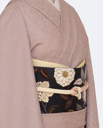 鈴木織物 「菊に桐椿唐草文様」 唐綾錦 袋帯 烏羽色（黒に近い・紫みの濃茶）＜お仕立て代込＞の画像