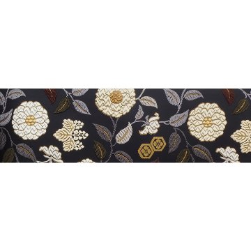 ＜お仕立て代込＞鈴木織物 「菊に桐椿唐草文様」 唐綾錦 袋帯 烏羽色（黒に近い・紫みの濃茶）の画像