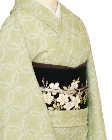 ＜お仕立て代込＞有松鳴海絞 「総七宝縫い絞り×本場大島紬（縞大島）」 着尺 灰黄緑の画像