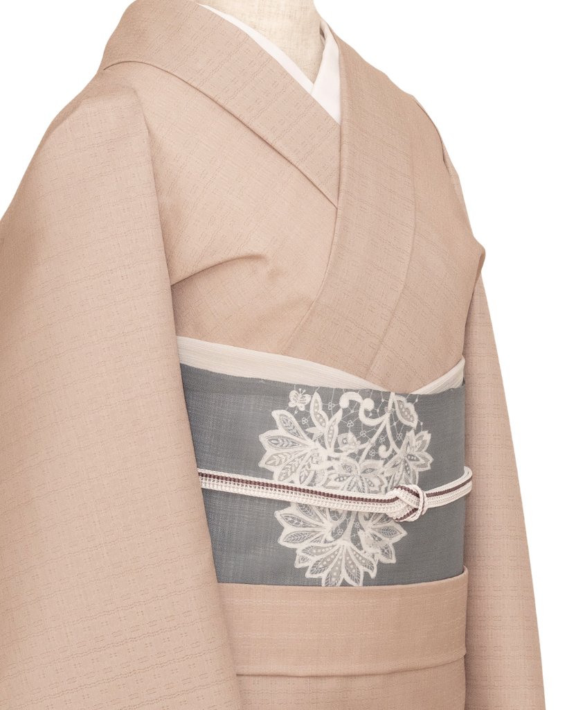 渡豊工房 「夏御召 草木もじり織（さくらんぼの実染）/ 純国産絹糸使用」 着尺 赤白橡色（オレンジがかった灰ピンク系） ＜お仕立て代込＞の画像