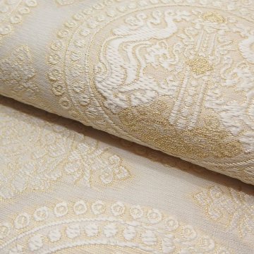 ＜お仕立て代込＞鈴木織物 「向獅子文」 水衣錦 袋帯 灰白色の画像