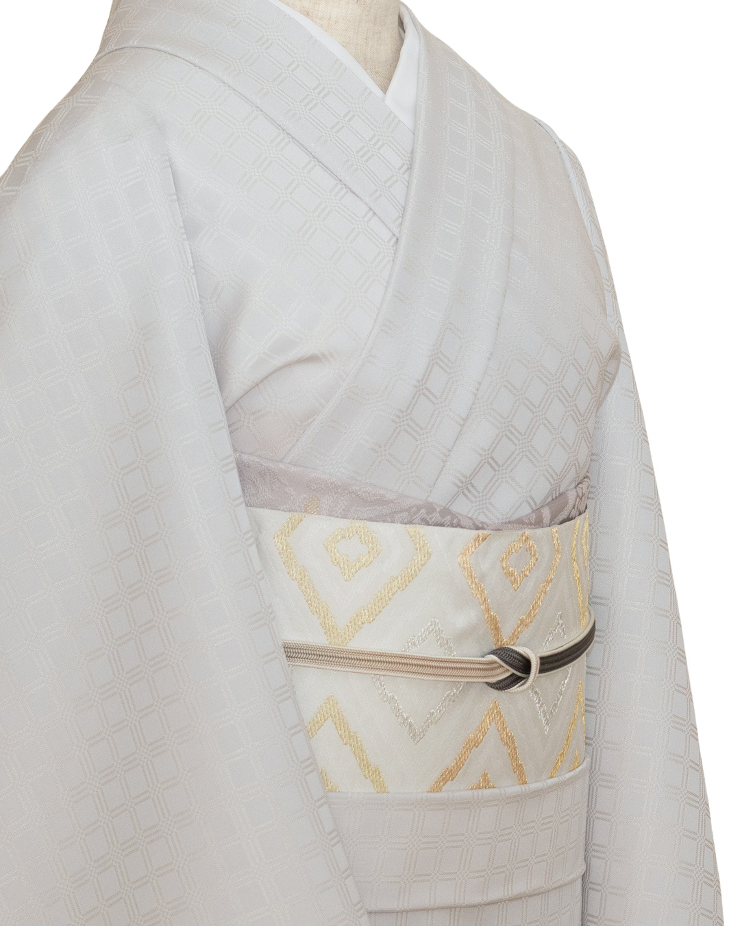 ＜お仕立て代込＞京都丹後の機屋×千成堂着物店 「野蚕白着尺 吉野格子文」灰白菫（奥に紫みの灰白色・色無地） の画像
