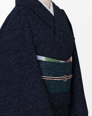 小田島克明（おだきん） 「菱文（緯絣）」 葛布 八寸名古屋帯 藍緑 夏帯〜単衣帯＜自然布＞＜お仕立て代込＞の画像