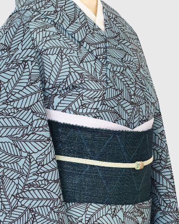 小田島克明（おだきん） 「菱文（緯絣）」 葛布 八寸名古屋帯 藍緑 夏
