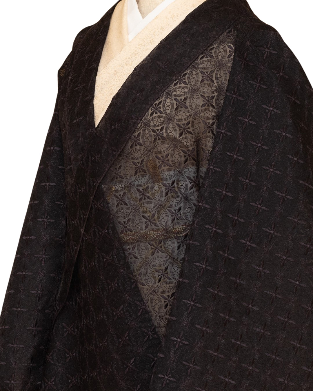 <お仕立て代込>伊と幸×千成堂着物店 「オーガンジー刺繍コート」 羽尺 黒鳶（紫みの濃茶系）の画像