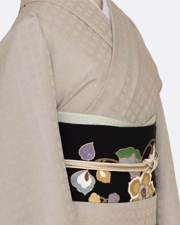 京都丹後の機屋×千成堂着物店 「野蚕白着尺 吉野格子文」 灰練色（グレーベージュ系・色無地）＜お仕立て代込＞の画像