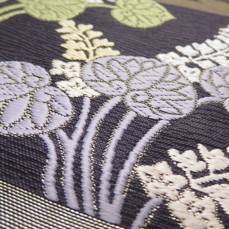 ＜お仕立て代込＞鈴木織物 「霞と葵」 水衣錦 袋帯 焦茶（紫がかった、濃いめの灰茶色）の画像