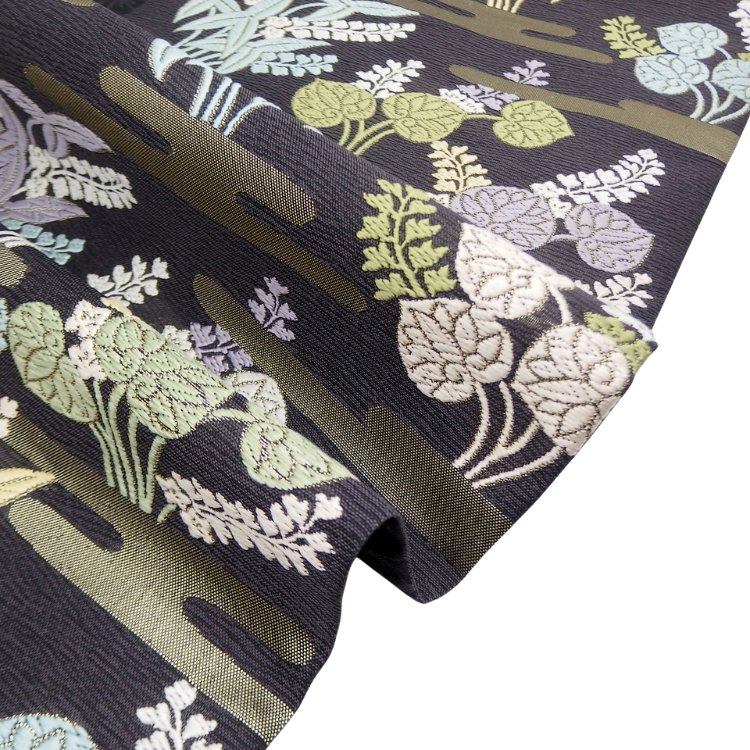 ＜お仕立て代込＞鈴木織物 「霞と葵」 水衣錦 袋帯 焦茶（紫がかった、濃いめの灰茶色）の画像