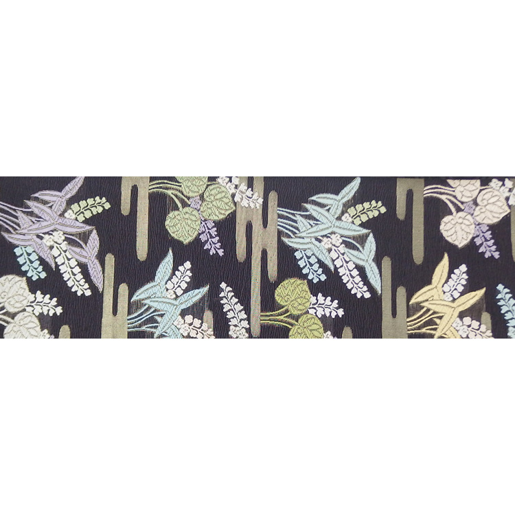 ＜お仕立て代込＞鈴木織物 「霞と葵」 水衣錦 袋帯 焦茶（紫がかった、濃いめの灰茶色）の画像