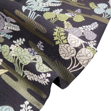 ＜お仕立て代込＞鈴木織物 「霞と葵」 水衣錦 袋帯 焦茶（紫がかった、濃いめの灰茶色）の画像