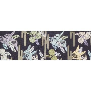 ＜お仕立て代込＞鈴木織物 「霞と葵」 水衣錦 袋帯 焦茶（紫がかった、濃いめの灰茶色）の画像