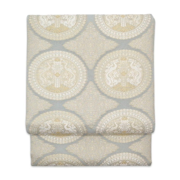 鈴木織物 「向獅子文」 水衣錦 袋帯 灰白色＜お仕立て代込＞の画像