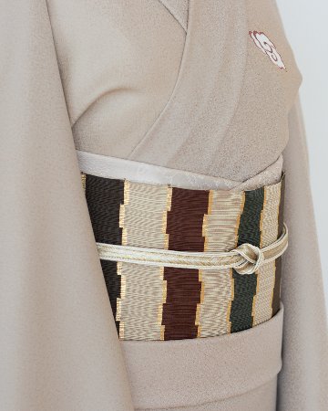 ＜お仕立て代込＞織楽浅野 「襲ね彩綴」 九寸名古屋帯 白橡（しろつるばみ・茶系のベージュ）の画像