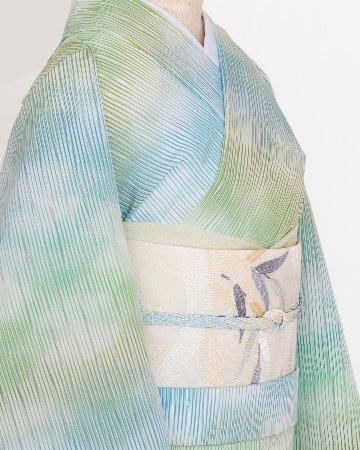 和小物さくら 夏帯締め 綾竹紅梅ぼかしレース 生成色に露草色と白藍 ＜即日発送可＞の画像