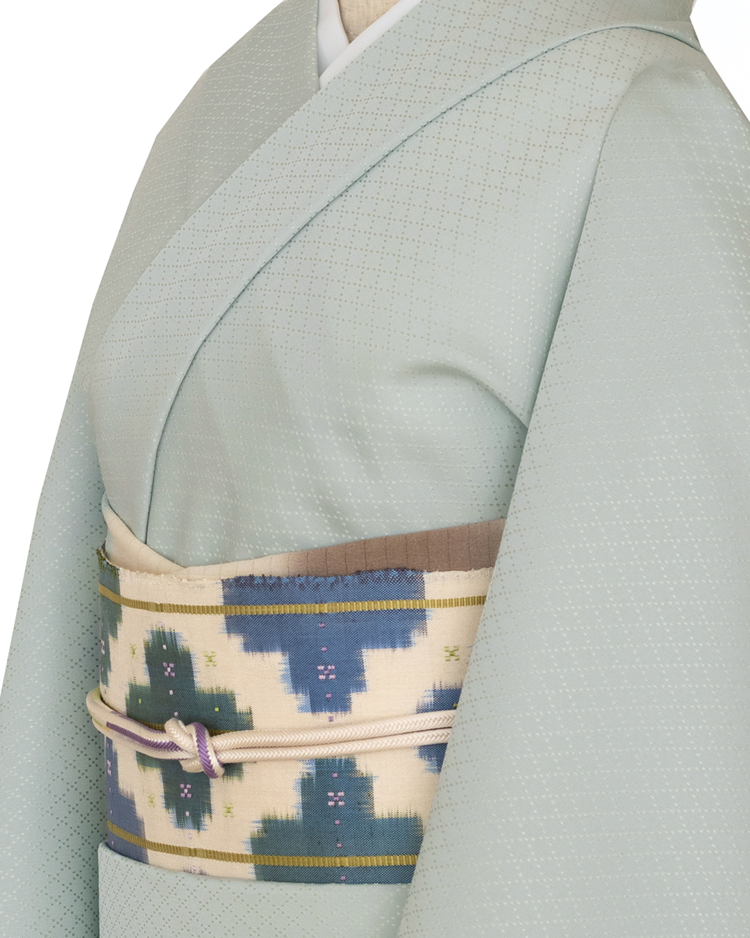 ＜お仕立て代込＞京都丹後の機屋×千成堂着物店 「野蚕白着尺 菱」 青磁鼠（灰グリーン系・色無地） の画像