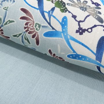 ＜お仕立て代込＞城間栄順（城間びんがた工房）×小千谷紬 「彩潮」 千成堂別注 本場琉球紅型 九寸名古屋帯 染め帯 灰水色 夏帯〜単衣帯の画像