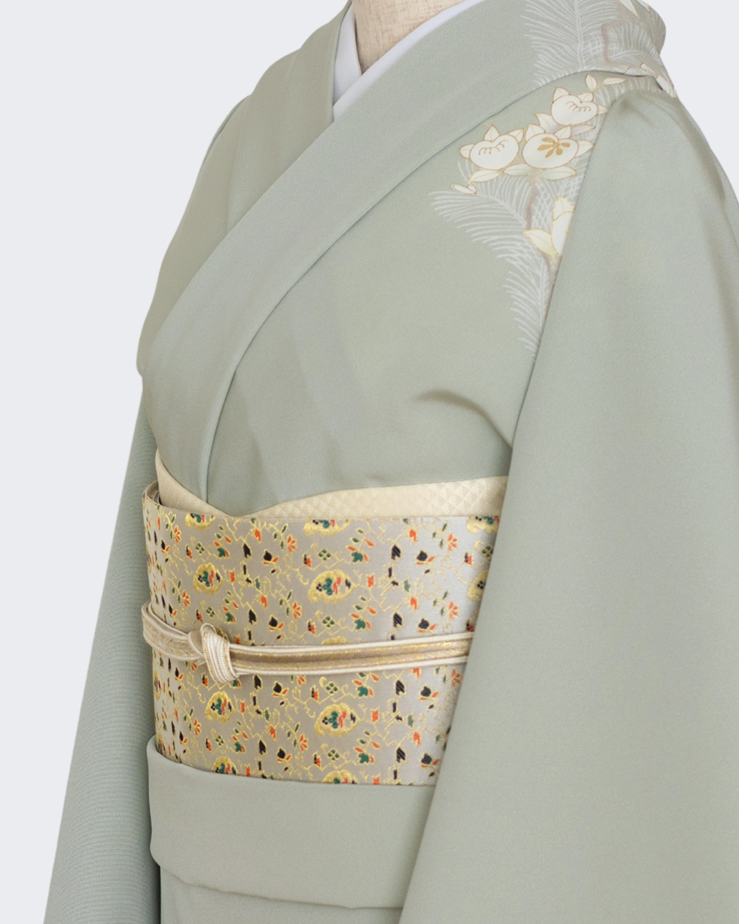 ＜お仕立て代込＞吉澤「橘と松」千成堂別注 友禅の付下げ 柳鼠（灰緑系） の画像