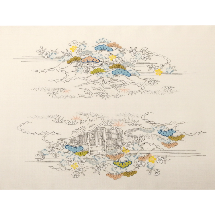 ＜お仕立て代込＞成謙 「四季花松垣 御所解」 千成堂別注 九寸名古屋帯 染め帯 夏帯〜単衣帯 生成色の画像