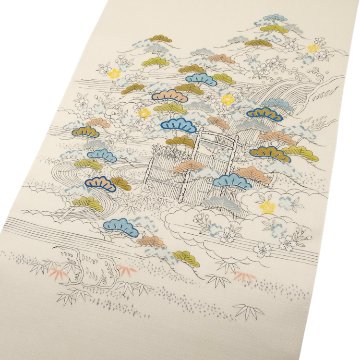 ＜お仕立て代込＞成謙 「四季花松垣 御所解」 千成堂別注 九寸名古屋帯 染め帯 夏帯〜単衣帯 生成色の画像