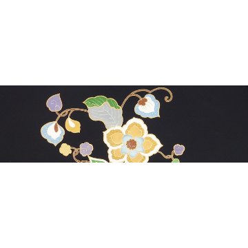 アトリエ品川 「唐花更紗（市松綾織地）」 九寸名古屋帯 染め帯 墨黒＜お仕立て代込＞の画像
