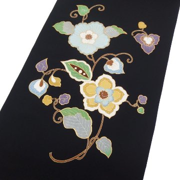 アトリエ品川 「唐花更紗（市松綾織地）」 九寸名古屋帯 染め帯 墨黒＜お仕立て代込＞の画像