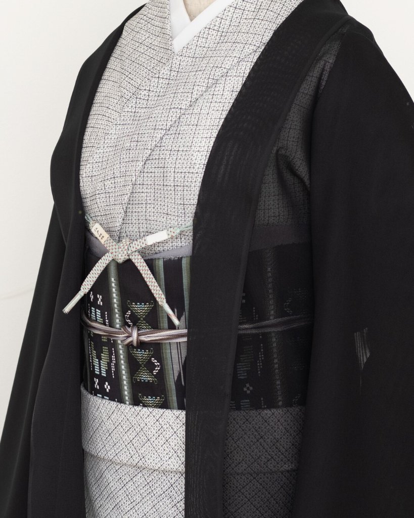 「染疋田小紋×楊柳（よろけ縞）」 着尺 白よごしに灰・墨色（グレー系）夏・単衣兼用＜お仕立て代込＞の画像