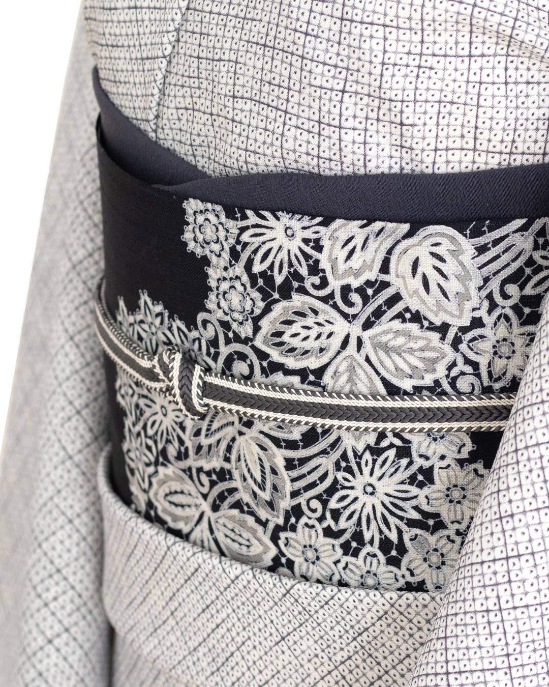 「染疋田小紋×楊柳（よろけ縞）」 着尺 白よごしに灰・墨色（グレー系）夏・単衣兼用＜お仕立て代込＞の画像