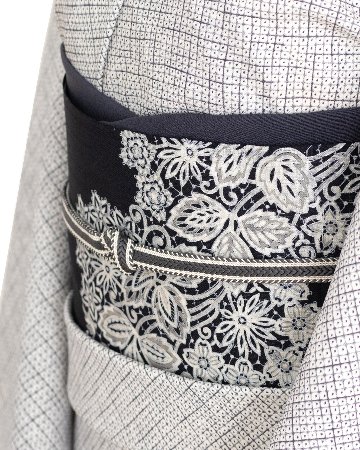 「染疋田小紋×楊柳（よろけ縞）」 着尺 白よごしに灰・墨色（グレー系）夏・単衣兼用＜お仕立て代込＞の画像