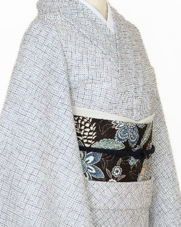 「染疋田小紋×楊柳（よろけ縞）」 着尺 白よごしに灰・墨色（グレー系）夏・単衣兼用＜お仕立て代込＞の画像