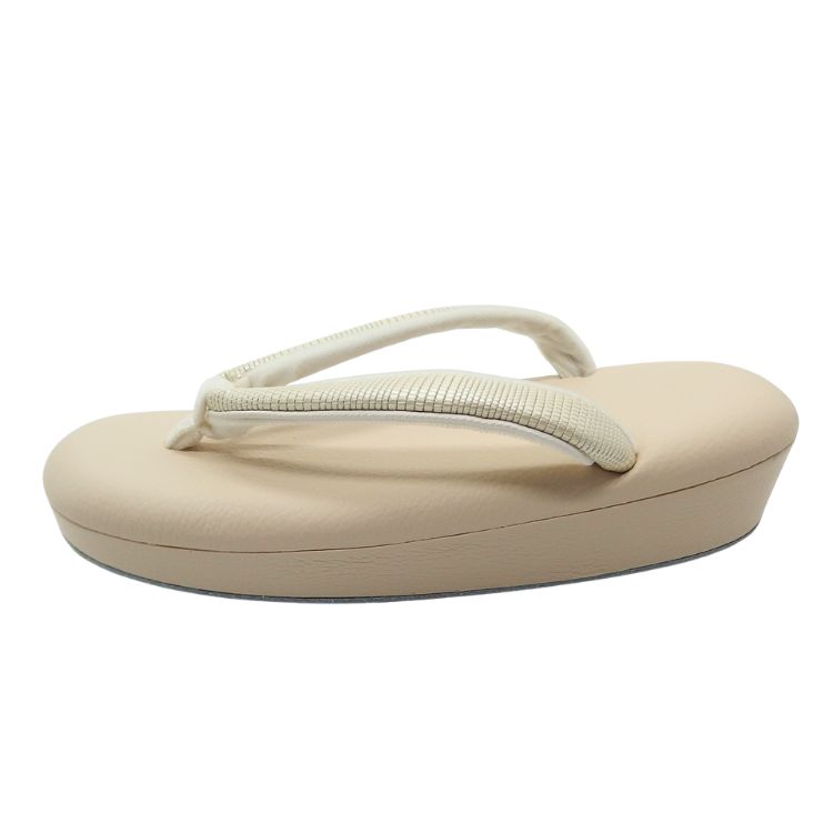 千成堂着物店 「総本革の洒落草履×シコロ織鼻緒」 Lサイズ 白練色（グレー系ベージュ）＜即日発送可＞の画像