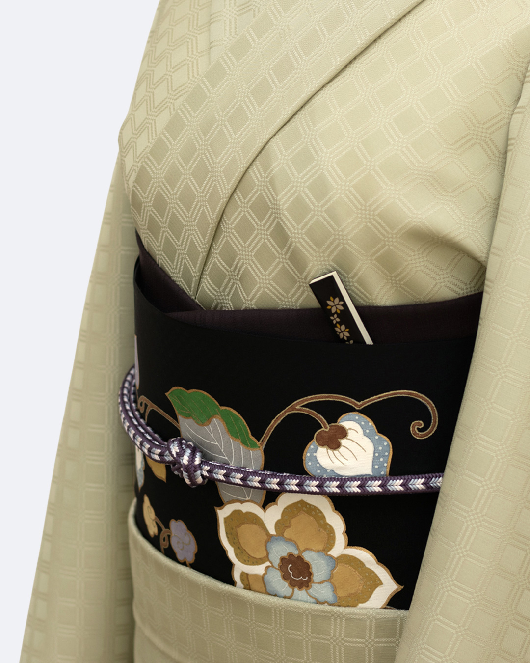 ＜お仕立て代込＞京都丹後の機屋×千成堂着物店 「野蚕白着尺 吉野格子文」 灰黄緑 グレーみの黄緑系（色無地）の画像