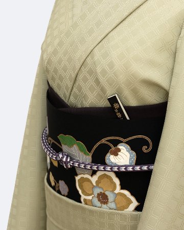 ＜お仕立て代込＞京都丹後の機屋×千成堂着物店 「野蚕白着尺 吉野格子文」 灰黄緑 グレーみの黄緑系（色無地）の画像