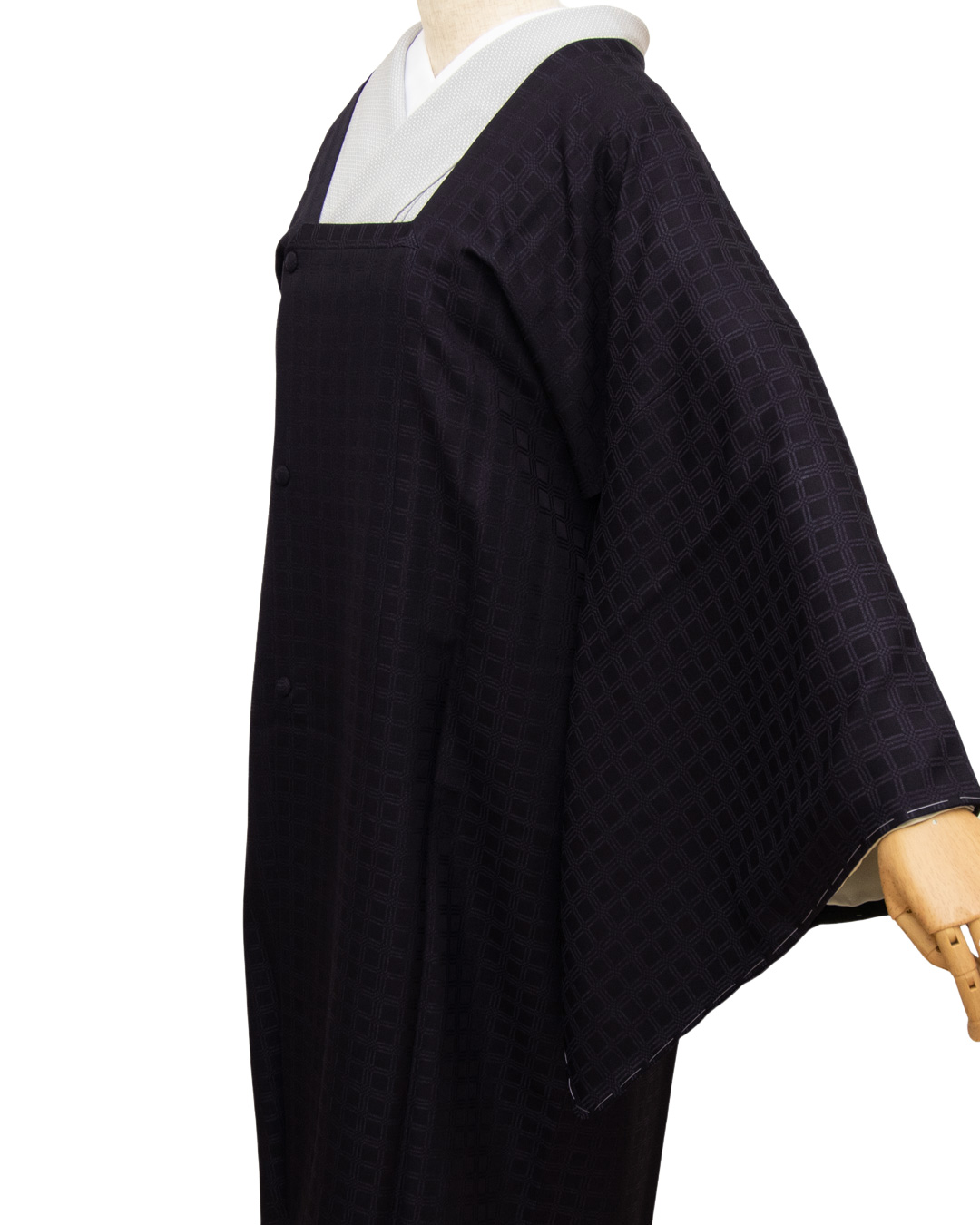 京都丹後の機屋×千成堂着物店 「野蚕白着尺 吉野格子文」道行コート（撥水加工済み）黒紫色 ＜即日発送可＞の画像