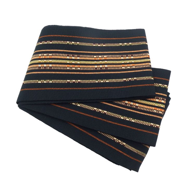  ＜お仕立て代込＞大城一夫 （大城廣四郎織物工房）「道屯織」半幅帯 黒に茶（オレンジみの茶）の画像